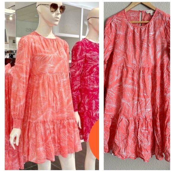 Michael kors Woodland Leaf Print Ruffle Dress Size Medium Orange & White - Picture 2 of 11